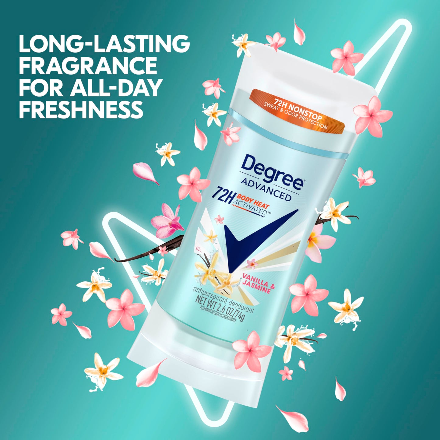 Degree Advanced Protection Antiperspirant Deodorant Vanilla & Jasmine for 72-Hour Sweat & Odor Control for Women, with Body Heat Activated Technology, 2.6 oz (Pack of 2)
