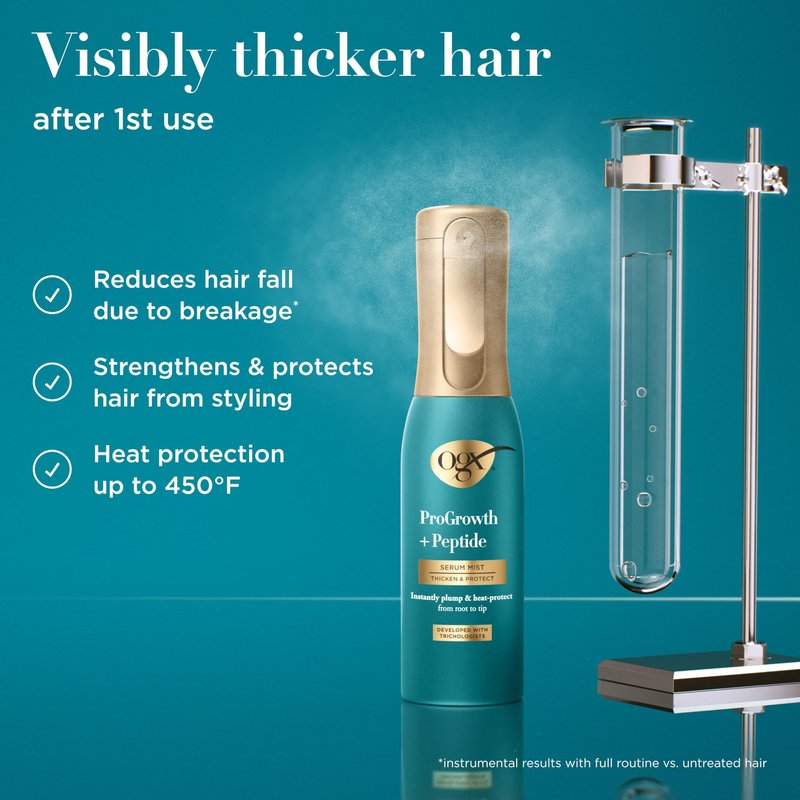 OGX ProGrowth + Peptide Serum Mist, Heat Protectant Spray Instantly Thickens Hair Root to Tip While Protecting from Breakage for Visibly Thicker, Fuller Hair, 6.5 fl. oz