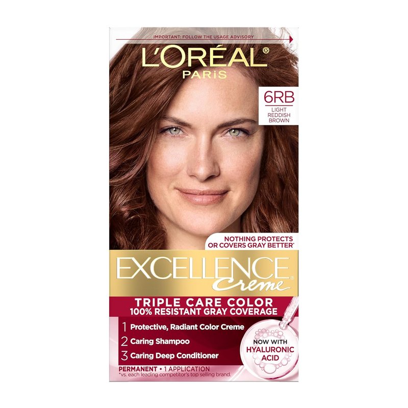 L'Oreal Paris Hair Dye - Excellence Crème Permanent Color with Hyaluronic Acid for 100% Gray Coverage | 6RB Light Reddish Brown, 1 Kit