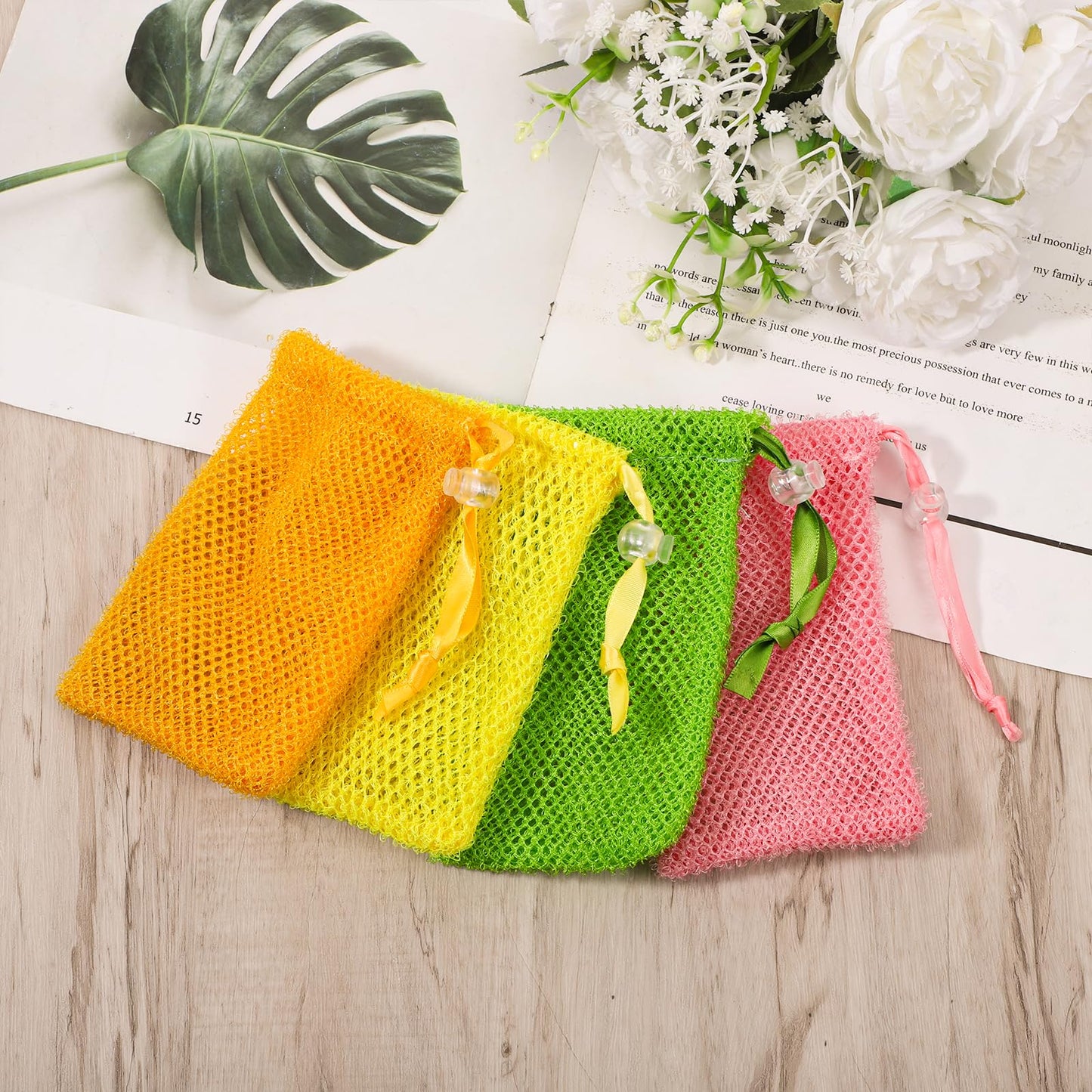 4 Pieces Exfoliating Soap Bag for Shower, Bar Soap Saver Pouch Body Scrubber Exfoliator Pocket with Drawstring Foaming Soaps Holder for Shower, Travel Bathing (5.5 x 3.5 Inches)