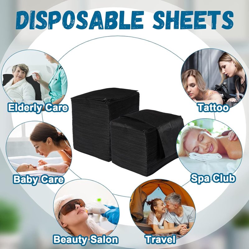 Kinlop Disposable Bed Sheets - 100 Pieces, Breathable Non-Woven Massage Table Covers | Black 31.5 x 71 Inch