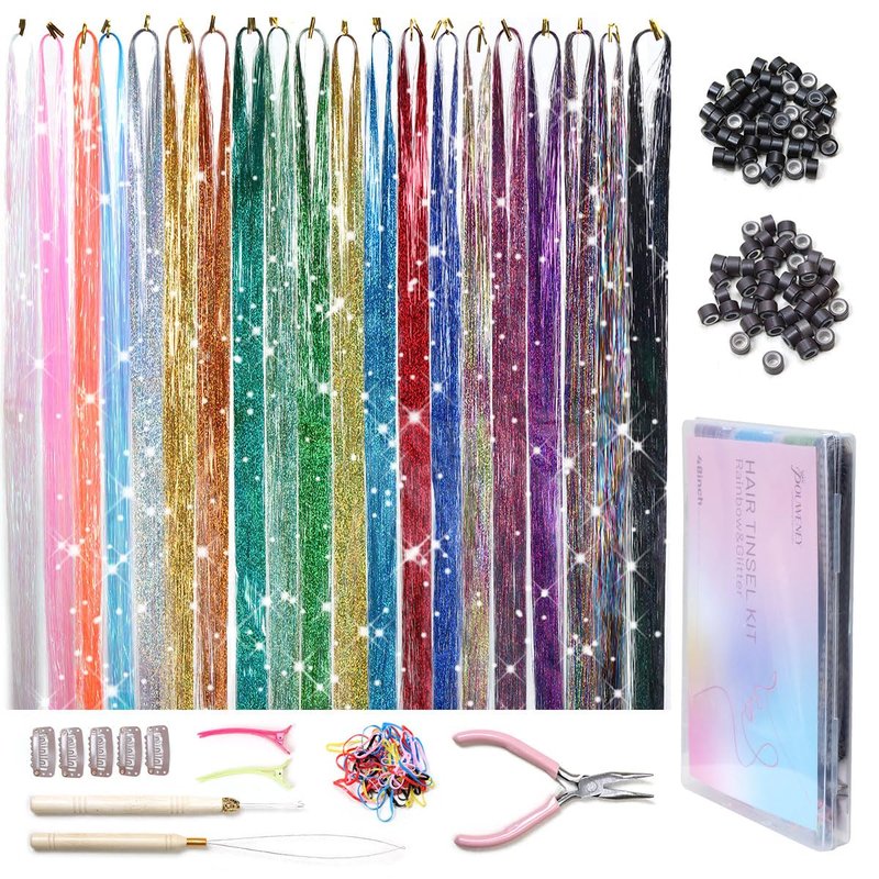 Pouweney Hair Tinsel Kit, 20 Colors Fairy Tinsel Hair Extensions for Teen Girls Heat Resistant Glitter Hair Accessories for Christmas New Year Halloween Cosplay Party(48 Inch)