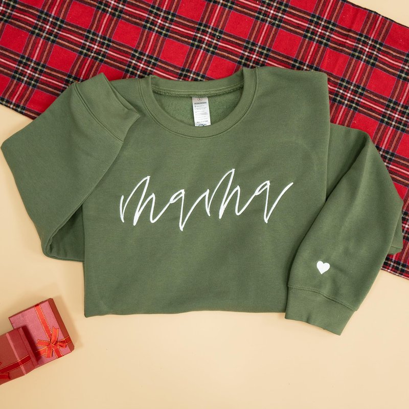 Nani - Mama Mom Mommy Embroidered Crewneck Sweatshirt Heart On Sleeve for Women - Gifts For New Mom Mama Birthday Christmas Mothers Day Valentine Embroidery Pullover Sweater Shirt Military Green