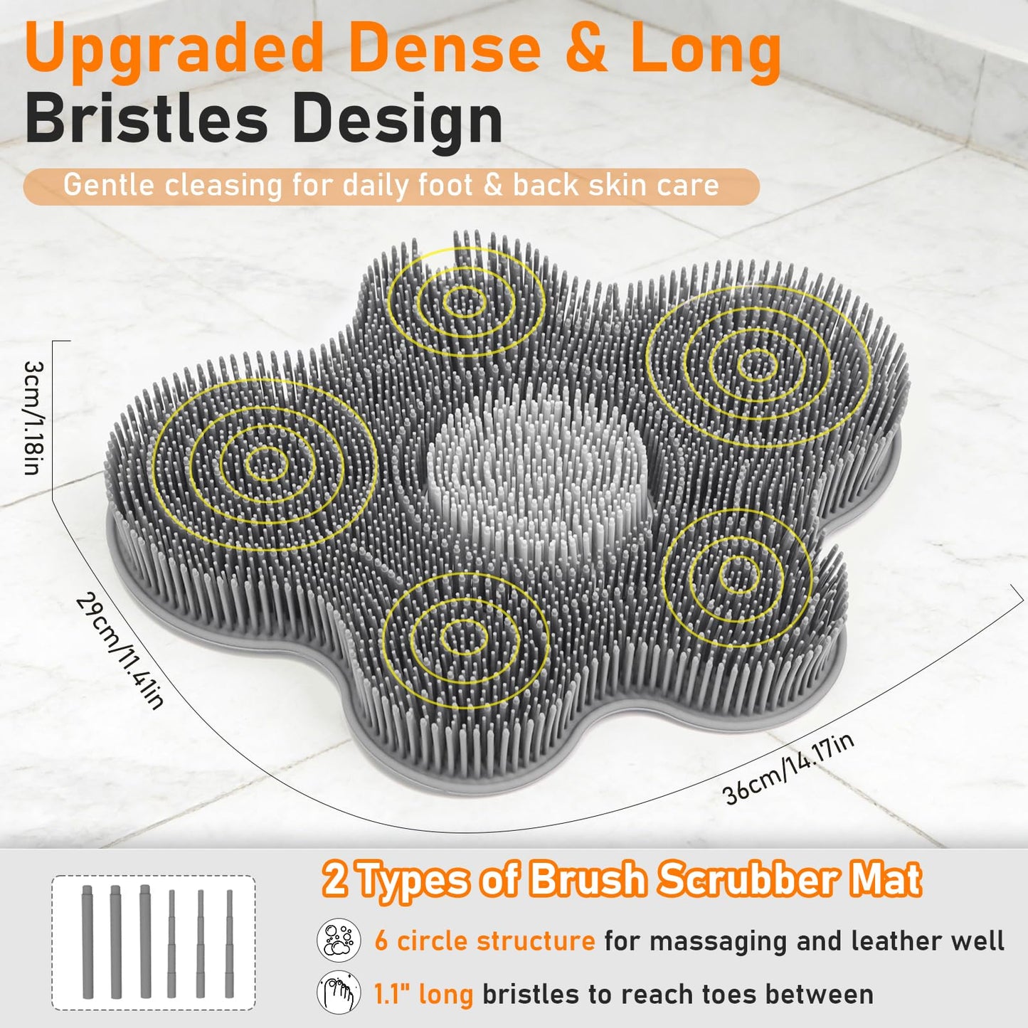 Shower Foot Scrubber Mat Silicone Back Exfoliating Cleaner, Feet Message Bath Washer Pad with Suction Cups for Wall Non-Slip - Itchy Toes Dead Skin Beauty Deep Clean Soft Bristles 14.2 * 11.2in Grey