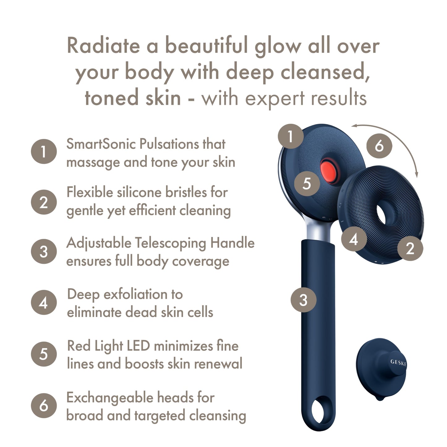 GESKE LED Sonic Full-Body Brush | 9 in 1 | Body Cleansing Brush & Intensive Exfoliator with LED | with SmartSonic Pulsations | Expert Deep Cleansing & Massage | Rough Skin Remover | Adjustable Handle