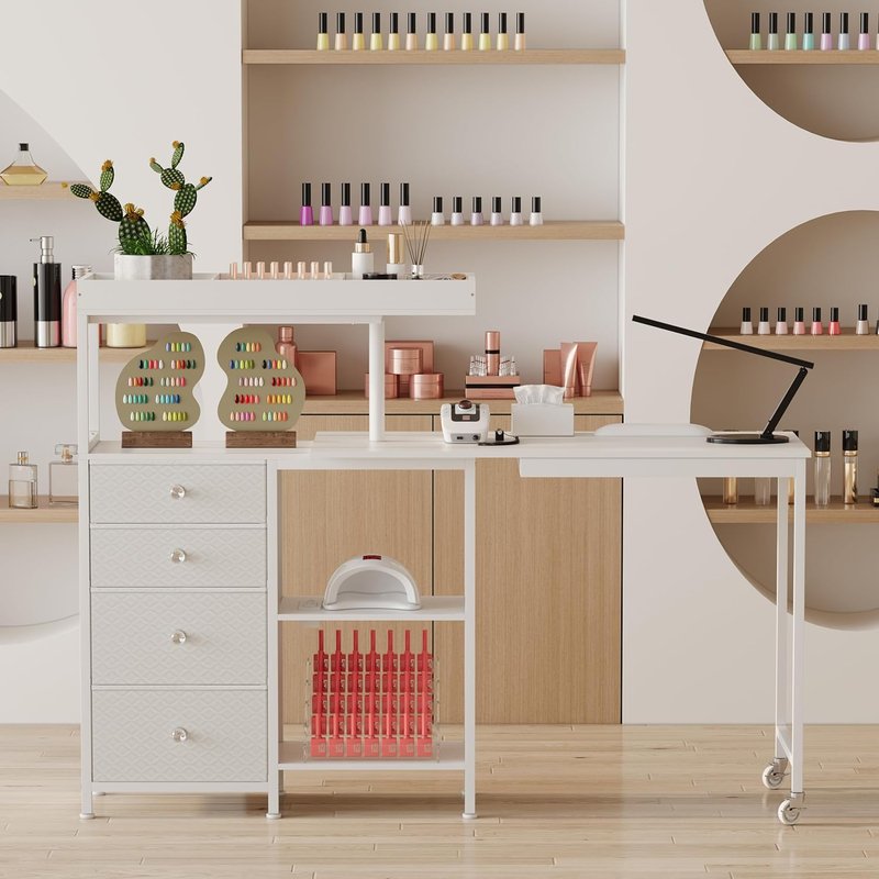 L-Shaped Manicure Table - Rotating Nail Workstation on Wheels with Charging Station | White with Storage Drawers & Shelves