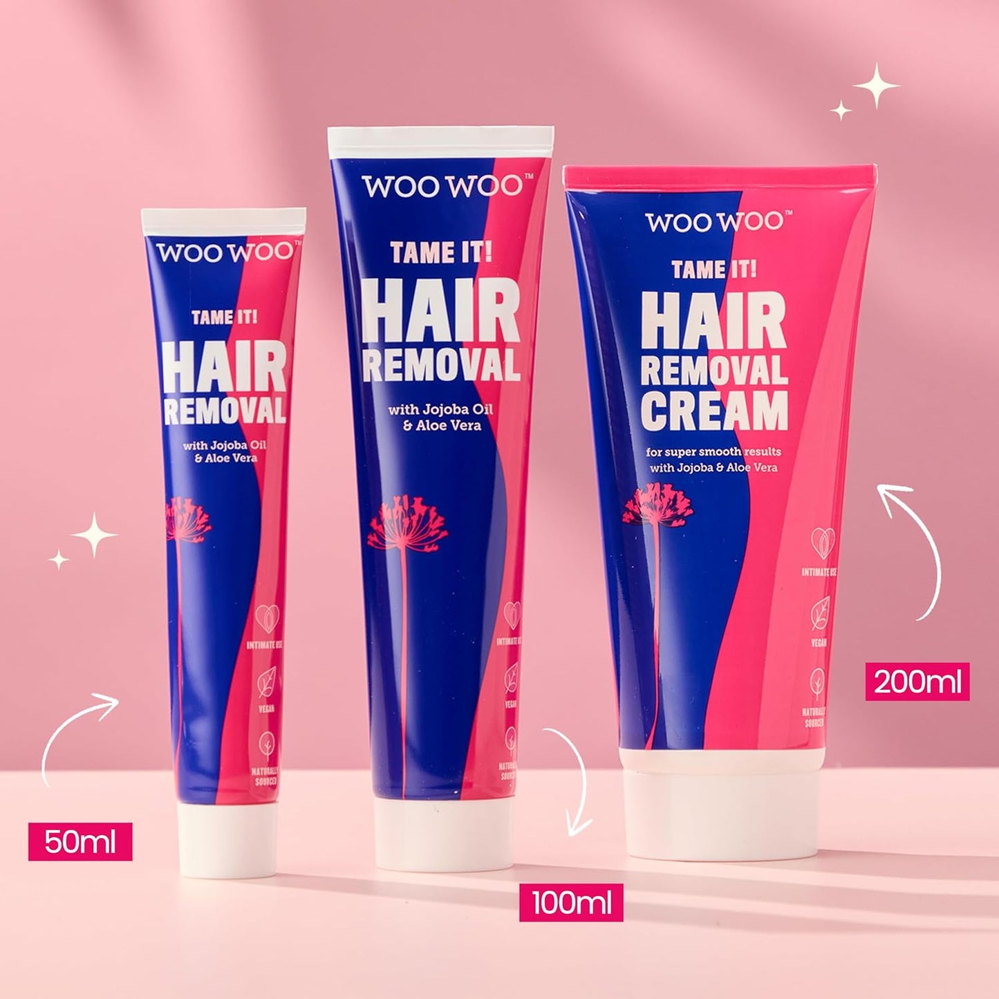 WooWoo Tame It! Natural Intimate Hair Removal Cream - Painless Vegan Hair Remover For Sensitive Skin - Depilatory For Genitals, Bikini, Legs & Bum - Women In-Shower Cream With Aloe Vera - 200ml