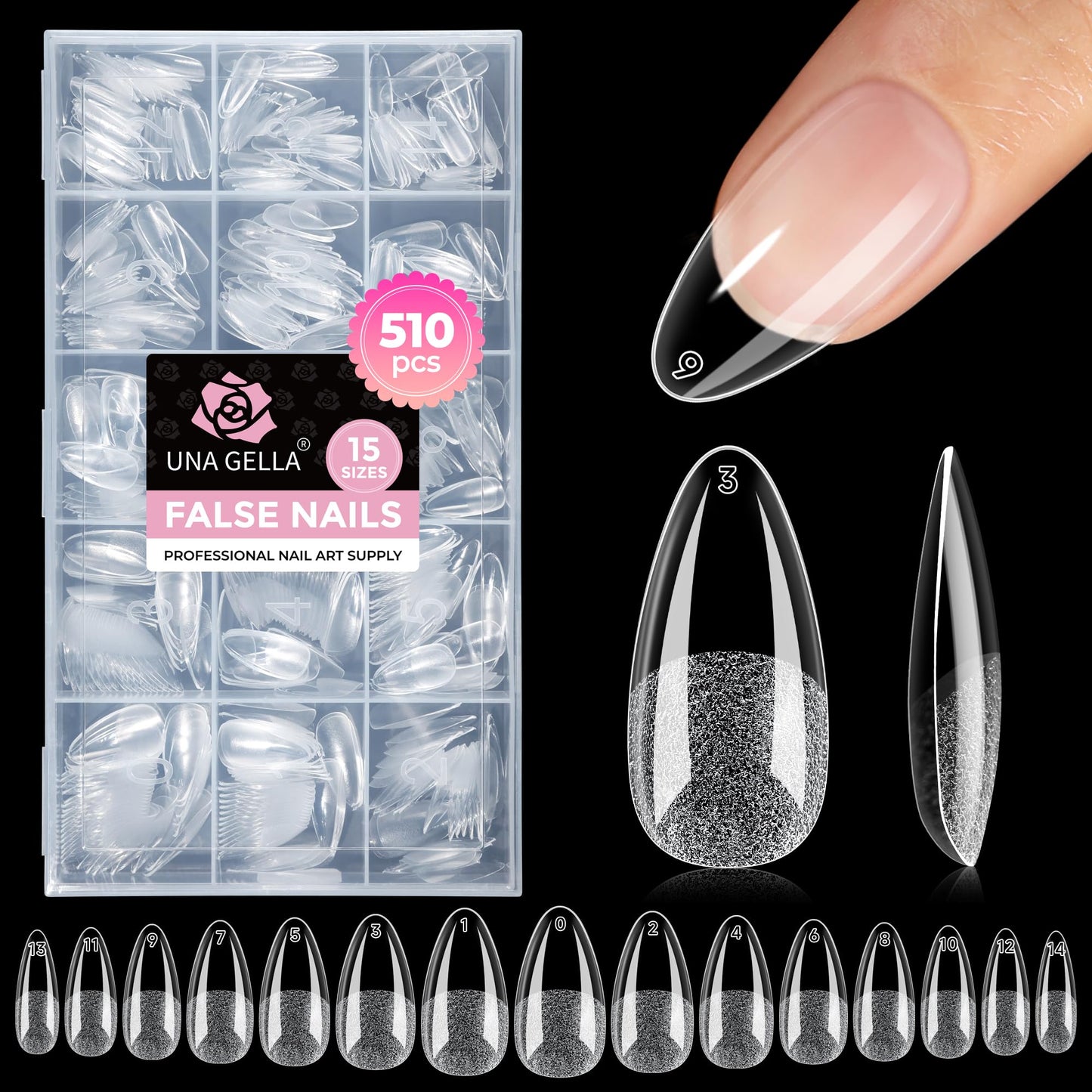 UNA GELLA Almond Nail Tips: 510Pcs Almond Gel Nails Tips 15 Sizes Pre-Etched Full Cover A lmond Clear Press on Nails Acrylic False No C Curve Nail Tips for Press on Nail Extensions Home DIY Salon