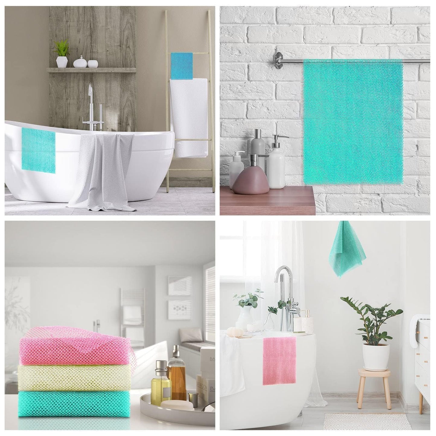 UJFQBH 3 Pieces African Net Sponge, African exfoliating net African Net Long Net Bath Sponge Exfoliating Shower Body Scrubber Back Scrubber Skin Smoother（Pink, Green, Off-White）