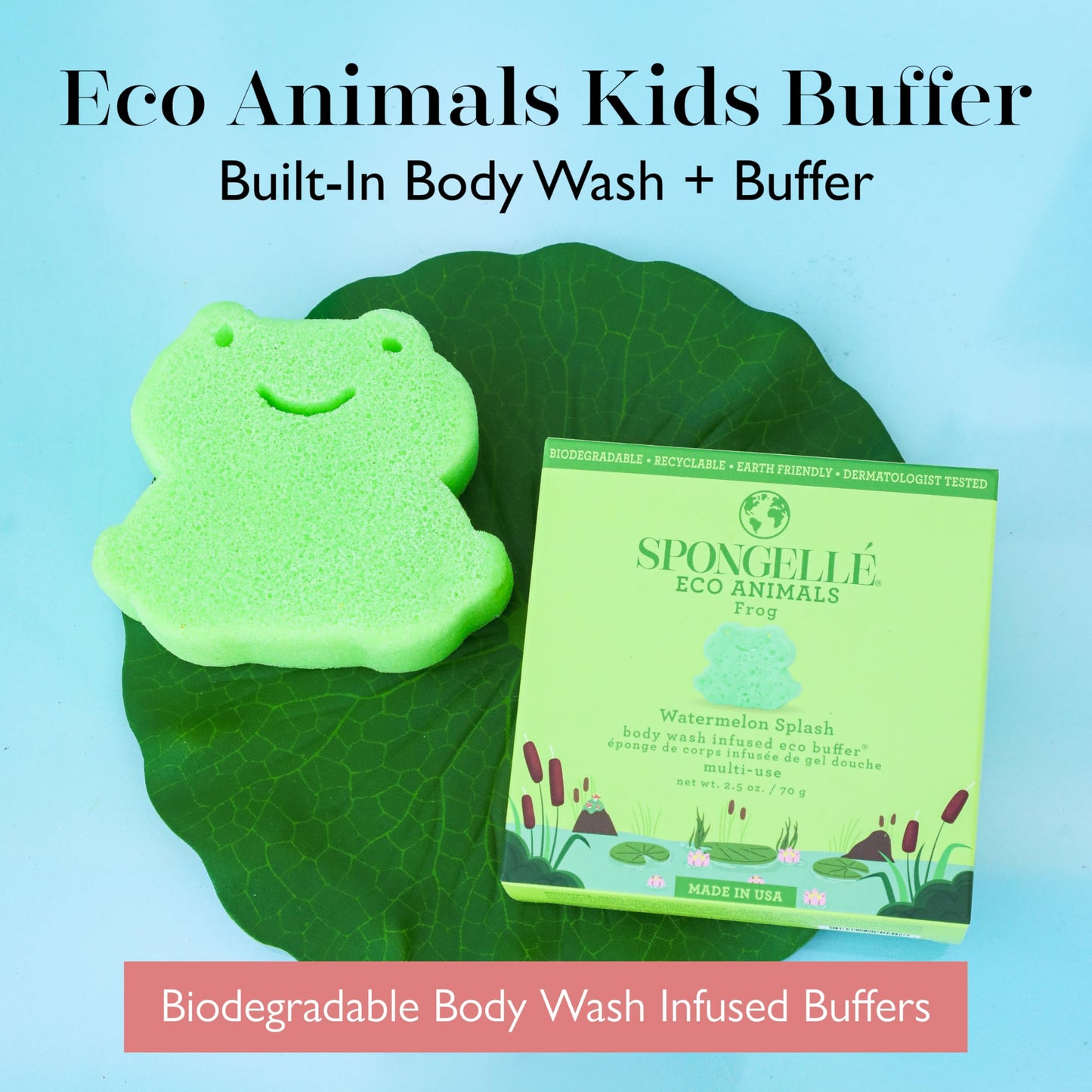 Spongelle Frog Eco Collection Animals Kids Buffer Body Scrubber | Bath & Shower Loofah for Kids | Biodegradable, Cruelty-Free, Vegan, Dermatologist-Tested, Made in USA
