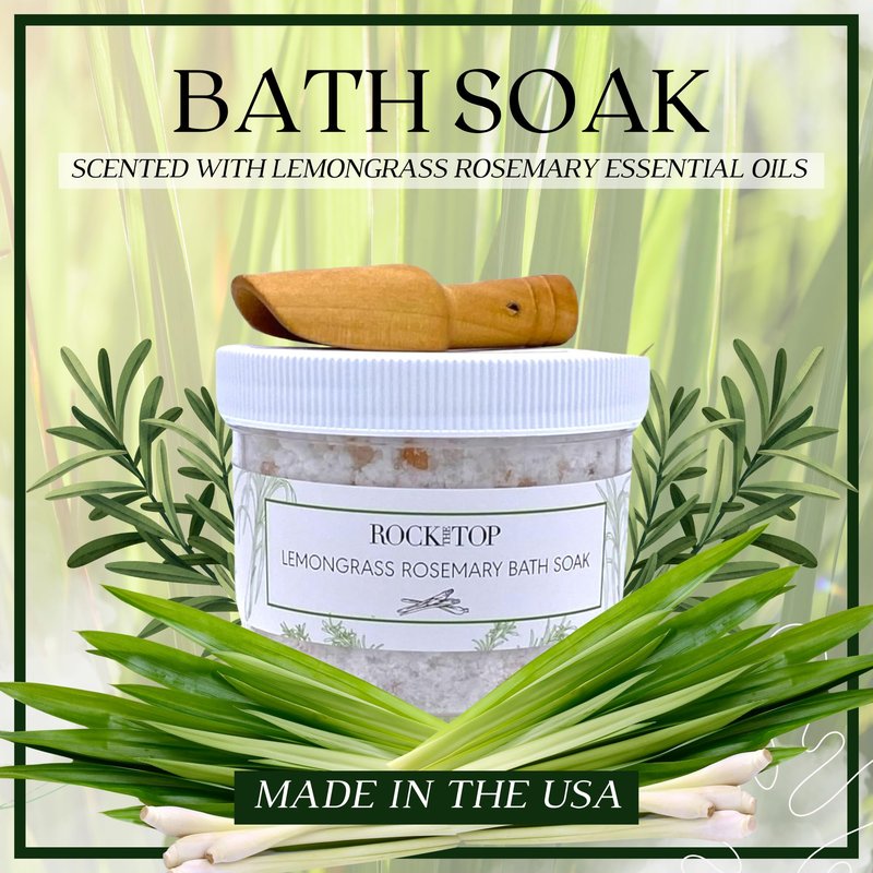 Rock the Top | 6 Lemongrass Rosemary Self Care Gifts for Women, Aromatherapy Epsom Salt Bath Soak, Lavender Soap, Bath Bombs, Bath Salts with Plant Based Loofa Dry Brushing Body Brush Gift
