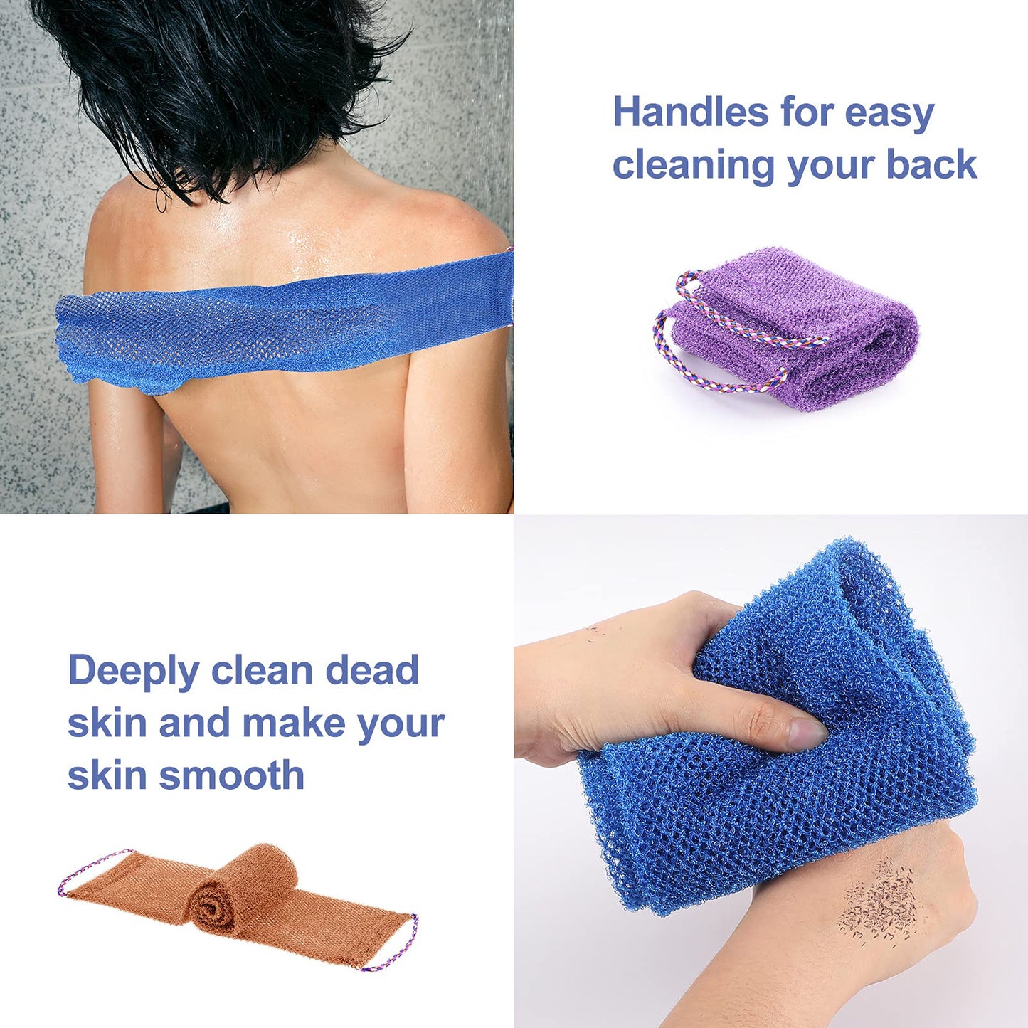 Tegeme 3 Pieces African Exfoliating Net Sponge, Long Exfoliating Bath Back Scrubber with Pull Strap, Nylon Body Shower Loofah for Women Men, Daily Hand Washcloth (Purple, Blue, Coffee)