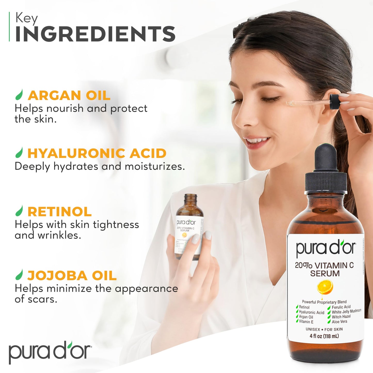 PURA D'OR 20% Vitamin C Facial Serum 4 Oz Antioxidant Anti-Aging Blend w/Retinol, Hyaluronic Acid, Ferulic Acid - Hydrating Lightweight Ayurvedic Skin Care - Men Women Daily Use