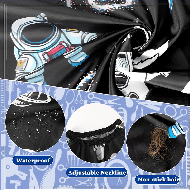 FEBSNOW Kids Hair Cutting Cape,Professional Kids Barber Cape and Neck Duster Brush Cartoon Hairdresser Apron with Adjustable Closure for Children Salon Barber Supplies(Astronaut Space Travel)