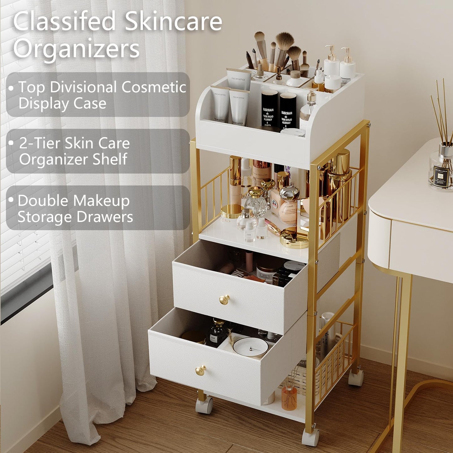 ZQUYAJ Makeup Organizer Storage Cart, Large Skincare organizers, Makeup Stand with Drawers, Makeup Vanity Organizer Cosmetics Display Cases Holder for Skin Care Nail Polish Perfume Makeup Brush (Gold)