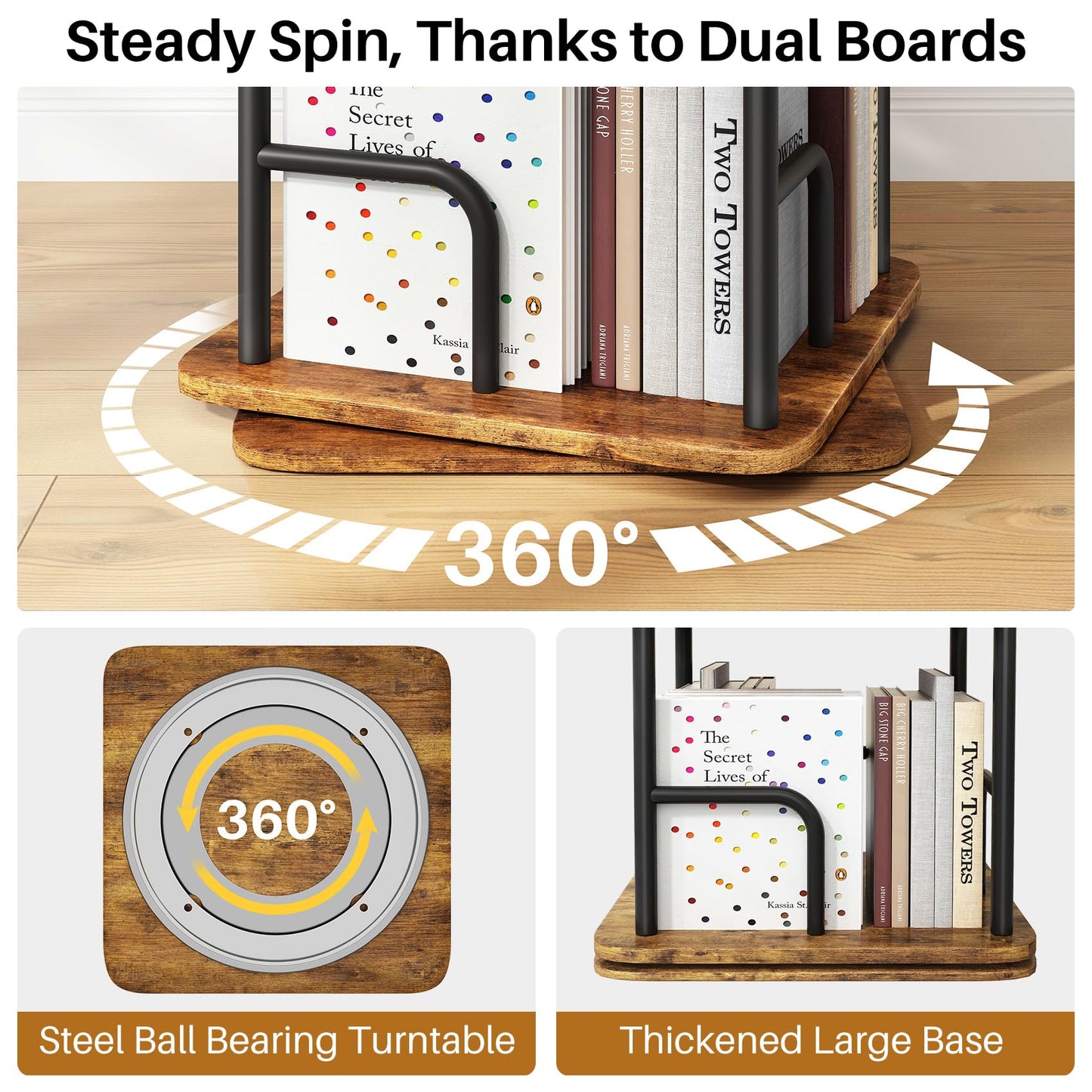 Branwick Rotating Bookshelf 5 Tier 360° Accessibility, Revolving Bookcase Spinning Bookshelf Tower, Wood Narrow Space Saving Book Shelf Organizer for Bedroom, Living Room, Study Room