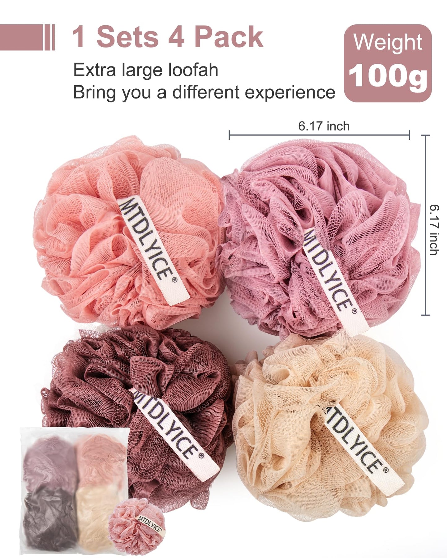 MTDLYICE Loofah Sponge, XXL Large Loofah 100g 4 Pack, Bath Sponge Soft Mesh Shower for Men, Body Scrub, Shower Pouf Bath Accessories, for Body Wash, Soap (Red Soil)
