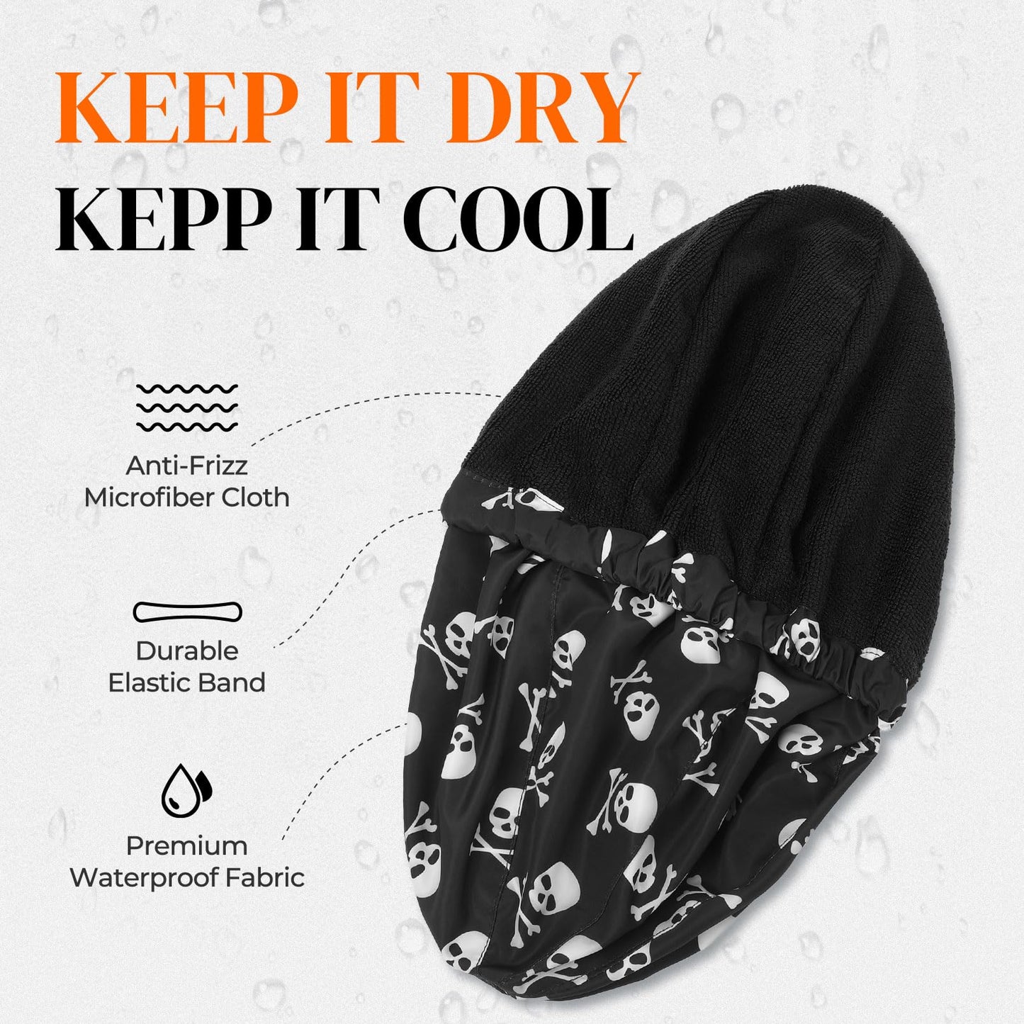 Shower Cap for Men Skulls Bath Cap, Reversible Large Waterproof Adjustable Shower Caps Terry Lining & Elastic Band Stretch Hem Hair Hat