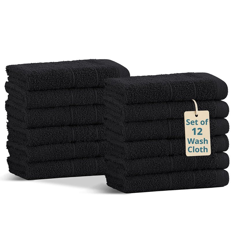 Casa Platino Washcloths 12 Pack - 100% Ringspun Cotton Washcloths - 13"x13"- Soft Textured, Well Stitched, Lightweight Towel - Absorbent & Durable - Perfect for Daily use - Black Wash Cloths