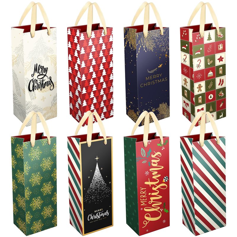 DeckTheHalls Christmas Gift Bags, 8 Pcs Wine Gift Bags with Unique Xmas Designs, Christmas Goody Bags with Ribbon Handles, Reusable Wine Bottle Wrap Bags for Xmas, Engagements & Party