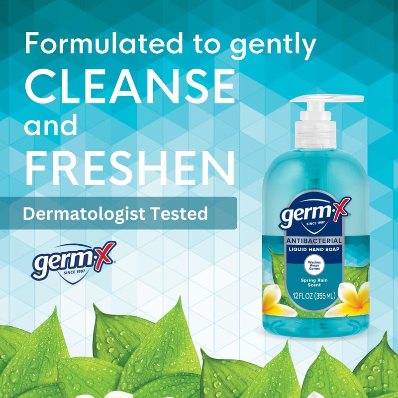 Germ-X Antibacterial Hand Soap, 12 Oz (Pack 4), Moisturizing Liquid Hand Wash for Kitchen or Bathroom, pH Balanced & Dermatologist Tested, Spring Rain Scent, Pump Bottle