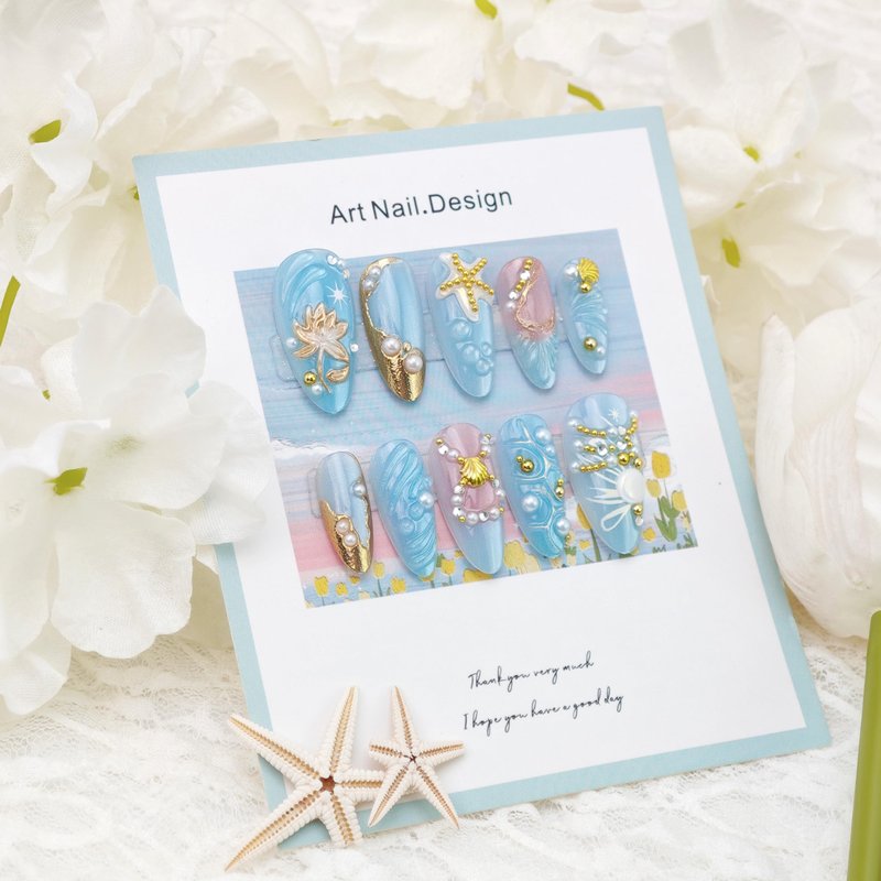 24Pcs Summer Beach Press on Nails Medium Almond Tropical Fake Nails 3D Seashell Starfish with Gems Rhinestones Designs Glitter Ocean Blue Full Cover Glue on Nails French Tip False Nails for Women