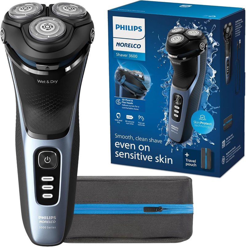 Philips Norelco Electric Shaver 3600 Series - Wet & Dry Use, Travel Pouch, Storm Blue, Model S3243/91