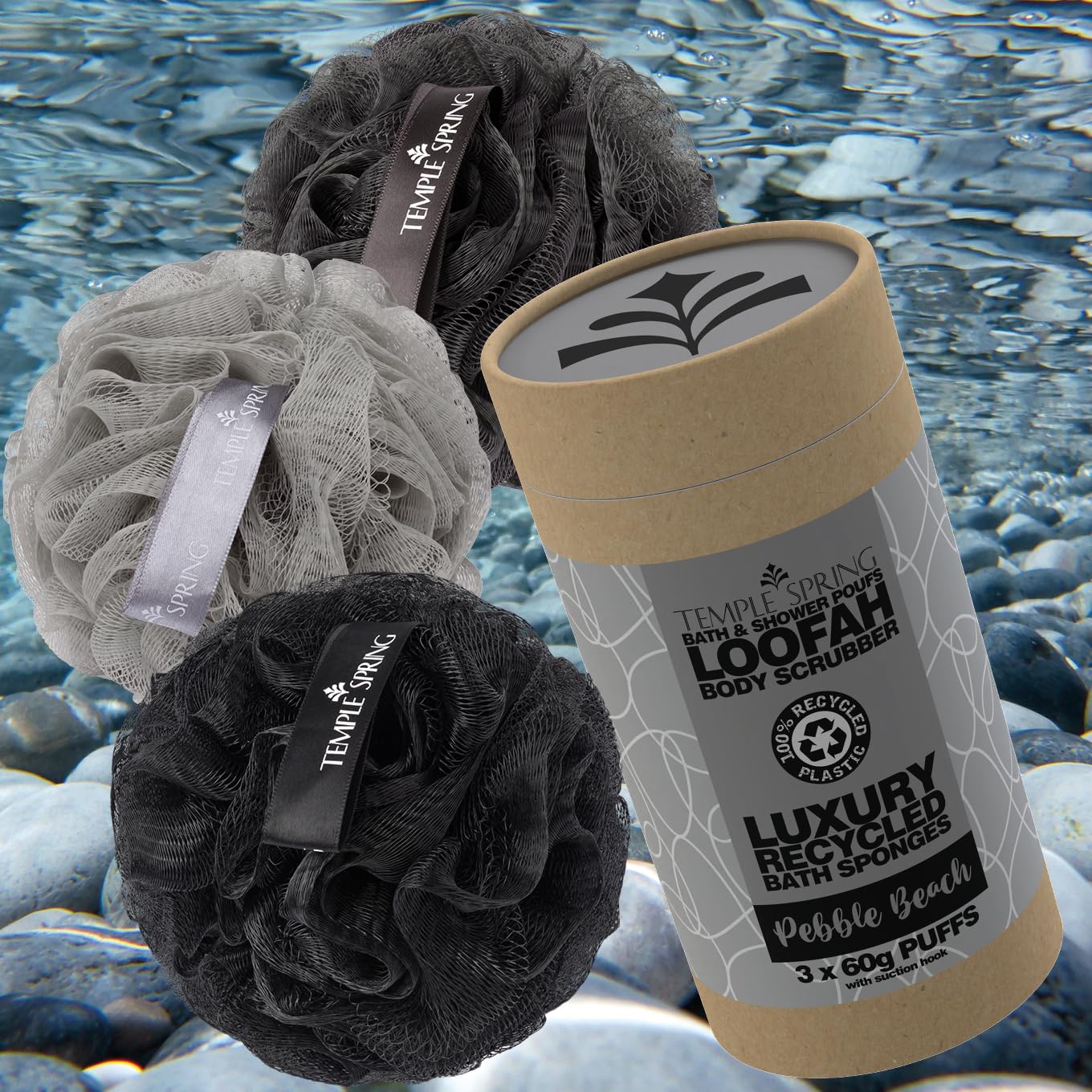 Temple Spring Shower Loofah for Men 3-Pack (60g Each) — Dense Mesh Body Scrubber for Rich Lather and Deep Clean, Exfoliating Bath Sponge, 100% Recycled Materials with Suction Hook