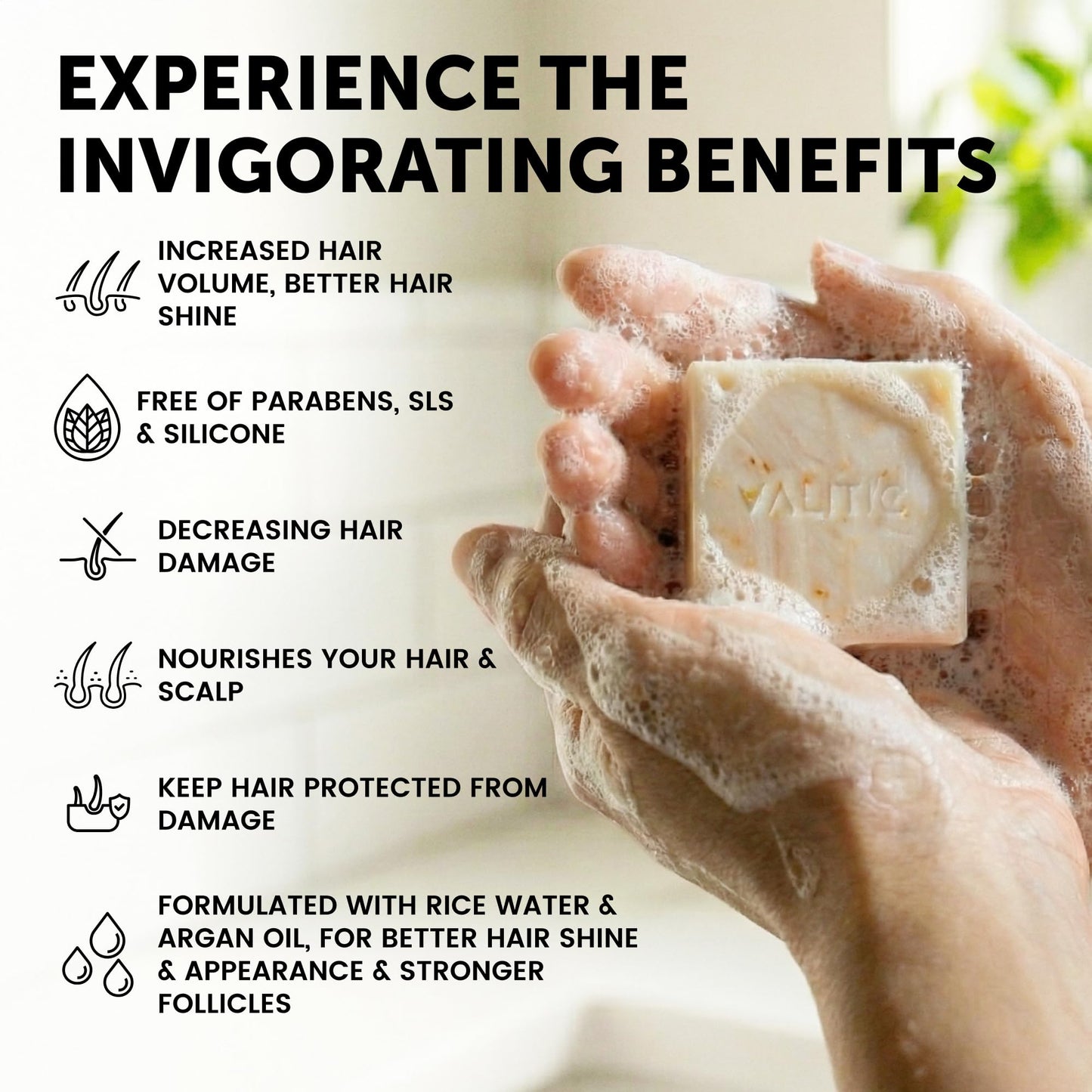 VALITIC Curly Hair Shampoo Bar - Sustainable Solid Shampoo for Hair Strengthening, Made with Rice Water, Vitamin C, Argan and Keratin - Define Natural Waves - Paraben Free, Sulfate Free, Vegan