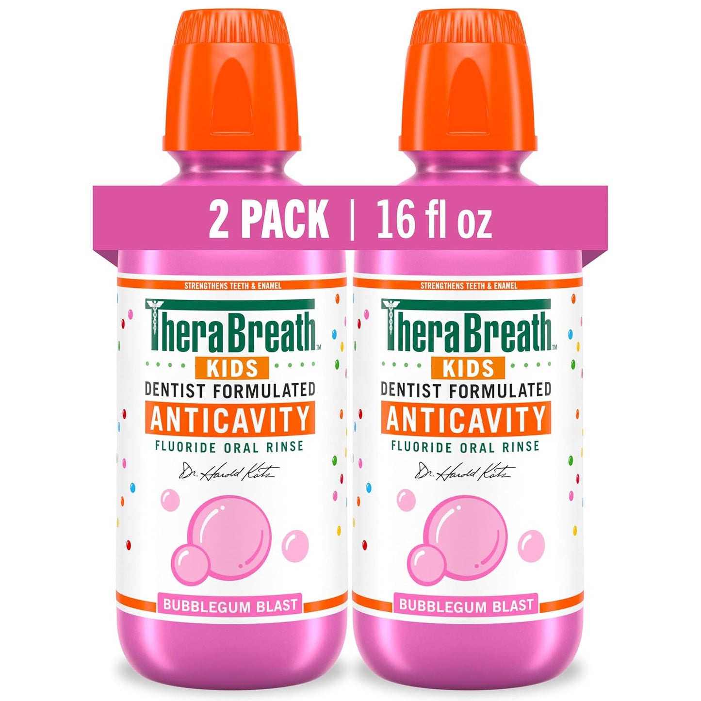 TheraBreath Kids Anticavity Fluoride Oral Rinse - Strengthens Teeth & Enamel, Alcohol & Dye Free, Bubblegum Blast Flavor, 16 Fl Oz, 2-Pack