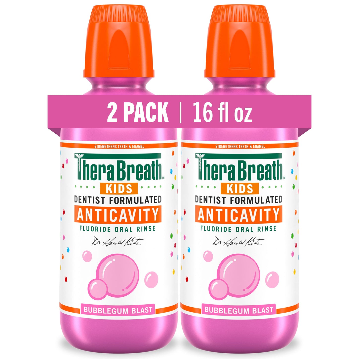 TheraBreath Kids Anticavity Fluoride Oral Rinse, Strengthens Teeth & Enamel, Alcohol Free & Dye Free, Certified Organic Bubblegum Blast Flavor, 16 Fl Oz, 2-Pack