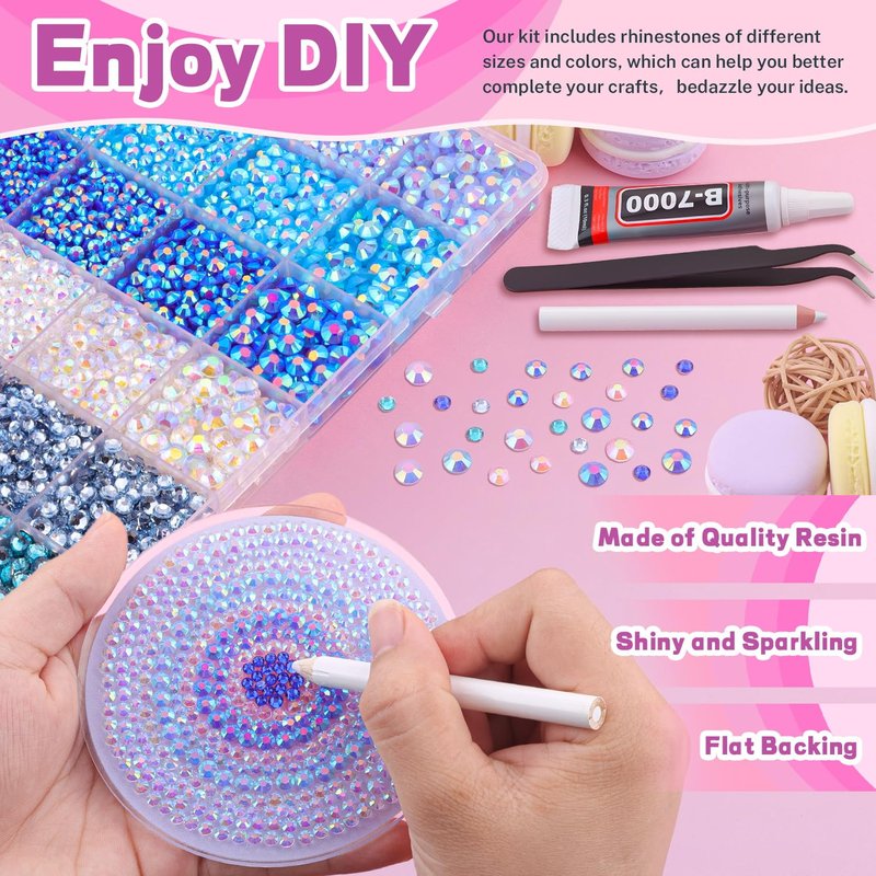 20000Pcs Blue Rhinestones for Bedazzling Kit with 3Pcs B7000 Jewelry Glue, Resin Rhinestones for Crafting Crafts，Bedazzler Kit Flatback Gems for Clothing Shoes Tumblers Nail Art