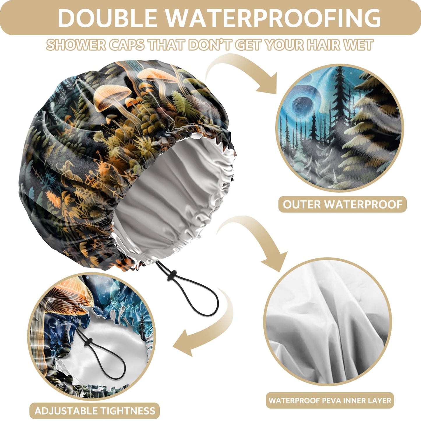 Zewurtuw Shower Cap Adjustable Waterproof Double Layer Elastic Reusable Hair Bath Cap Cute Aesthetic for Women Girls-Blue Mushroom