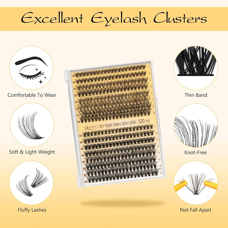 QUEWEL Lash Clusters Kit - 320 Pcs 30D & 40D Eyelash Extensions | Wispy 9-16mm with Bond & Seal Glue