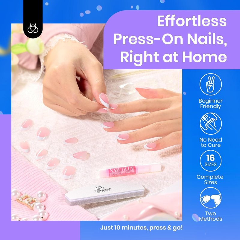 Beetles Short Squoval French Tip Press-On Nails - 64 Pcs Pink Gel Nail Art | 16 Sizes for DIY Manicure Gifts