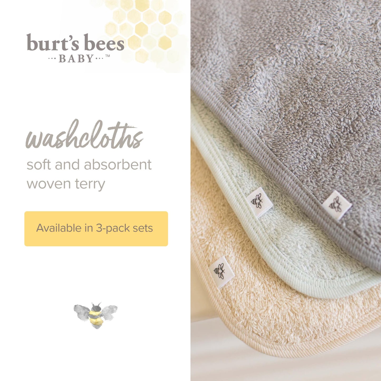 Burt's Bees Baby Washcloths for Infants, 100% Organic Cotton, Soft and Absorbent Knit Terry Face Towel, 9 x 9 in, 3-Pack