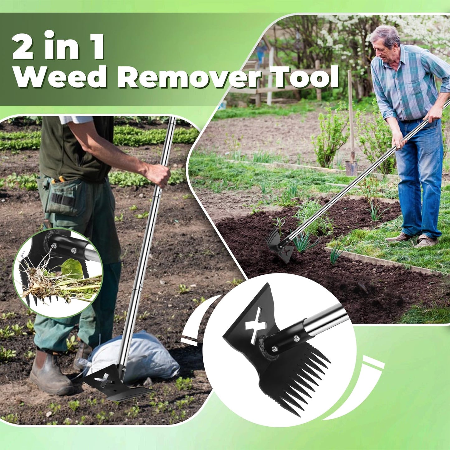 LAWFYMORI 2.0 Weed Puller Tool with Long Handle, 56" Heavy Duty Garden Hoe & 10 Teeth Weed Rake, 2 in 1 Manual Hand Gardening Weeder, Upgraded Weeding Remover Tools for Garden, Yard, Patio, Lawn