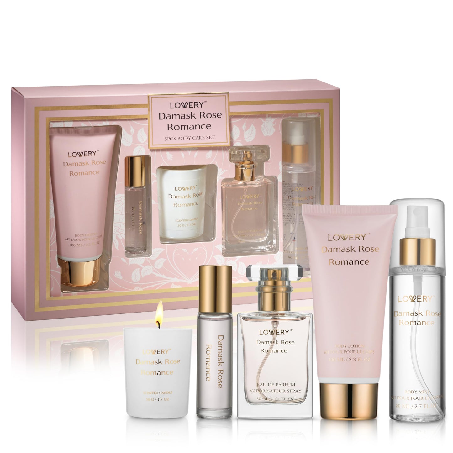 Womens Gift, Birthday Gifts for Mom, Self Care Gifts for Women, Damask Rose Romance Spa Kit with Soy Candle, Perfume Roll On, Body Lotion, Body Mist & Eau de Parfum - Bath & Body Care Set