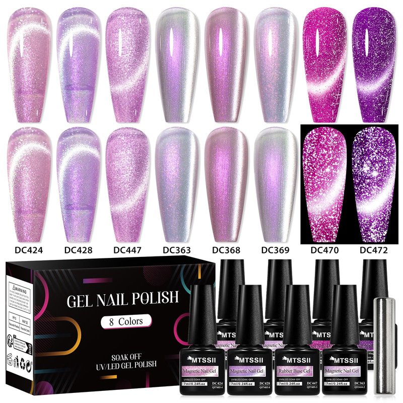 MTSSII Violet Cat Eye Gel Nail Polish Set 8Pcs Glitter Gel Nail Polish Kit with Magnet Shimmer Purple Nail Polish Set Salon Gel Manicure DIY Gift