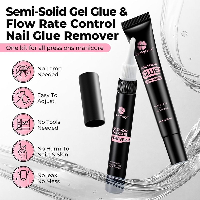 Luckyfairy Nail Glue for Press-Ons - Quick Dry, Super Strong, Non-Acetone Remover | 15g Glue, 10ml Remover