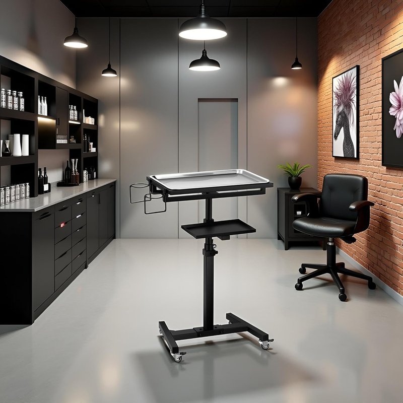 POARMEEY Stainless Steel Tattoo Tray - Adjustable Height Rolling Workstation for Salon & Spa