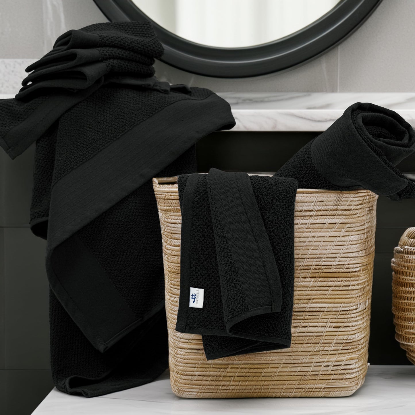 Tens Towels Pack of 8 Popcorn Textured Luxury Towels Set, 2 Extra Large Bath, 2 Hand, 4 Washcloths, 100% Cotton, Plush Hotel Quality, Super Absorbent, Perfect for Your Bathroom, Black