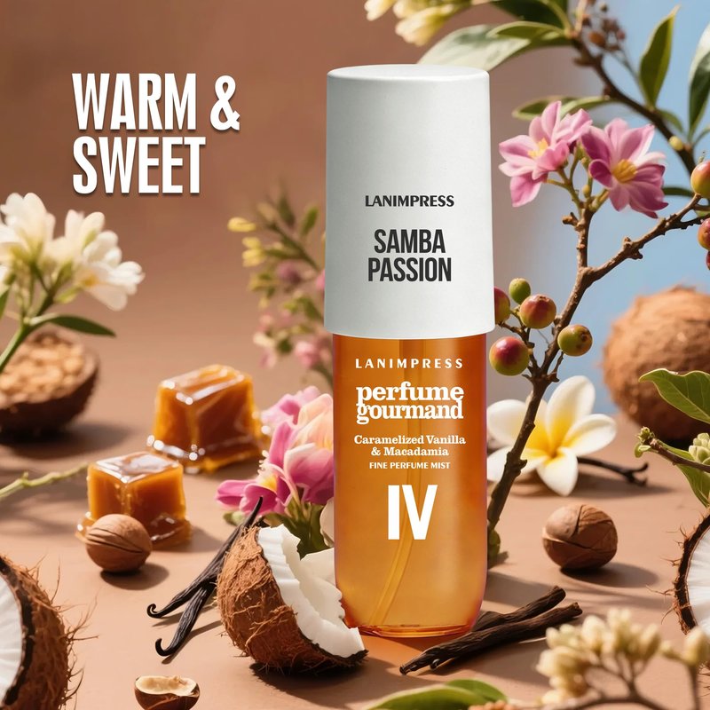 LANIMPRESS 3 FL OZ No.4 Hair Mist and Body Spray for Women,Eau De Parfum, Amber Gourmet Perfume, Sweet Scent– With Notes of Roasted Macadamia Nuts,Caramel Vanilla,Coconutblossom, Travel Size Fragrance