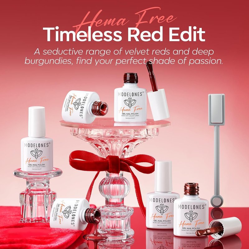 modelones Jelly Red Gel Nail Polish Set, Hema-Free 6 Colors Mother Day Red Cat Eye Burgundy Cherry Glitter Hot Dark Red Purple Sheer Neutral Translucent Effect with Magnet Gel Polish Kit LED Nail Art