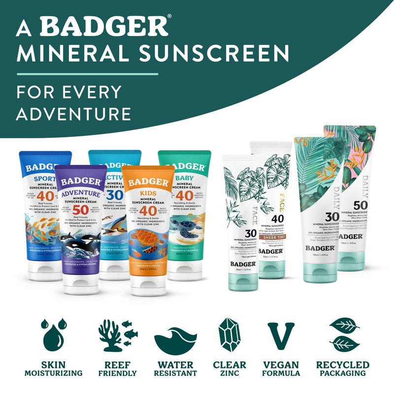 Badger SPF 50 Daily Mineral Sunscreen with Zinc Oxide, 85% Organic, Lightweight & Easy to Apply, No White Cast, Moisturizing, Reef Safe, Vegan, Unscented, 4 fl oz