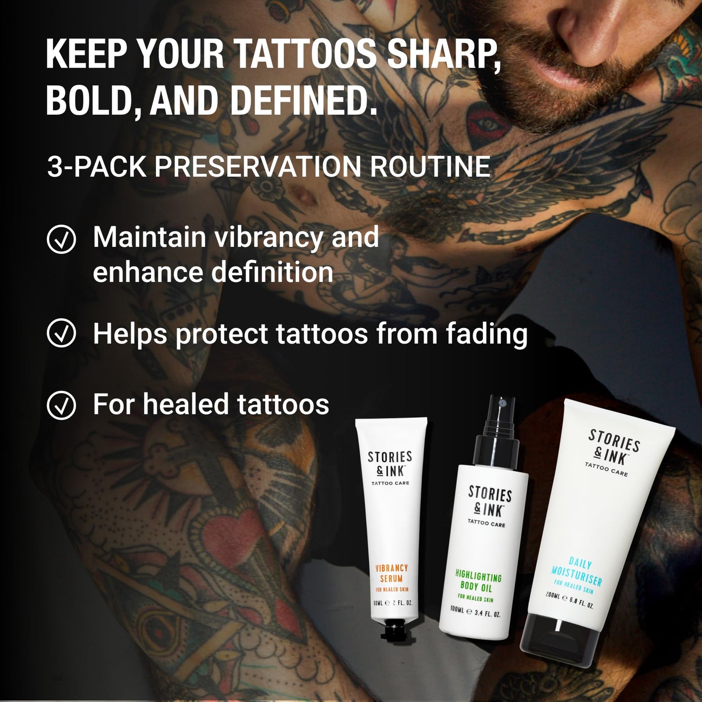 Stories & Ink Tattoo Preservation Pack (3-Piece) Daily Moisturizer, Vibrancy Serum and Highlighting Body Oil - Anti-Fade Ink Protection That Hydrates and Brightens Healed Tattoos