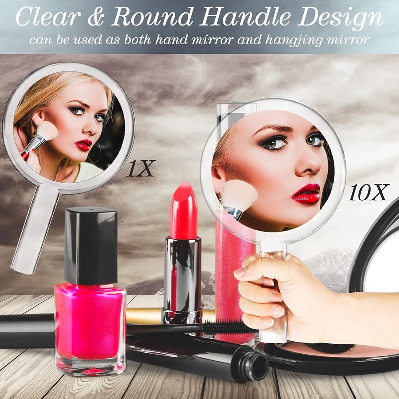 Queekay Double-Sided Handheld Mirror - 1X/10X Magnification, Adjustable Stand, Round Shape, 25.8 x 15 cm