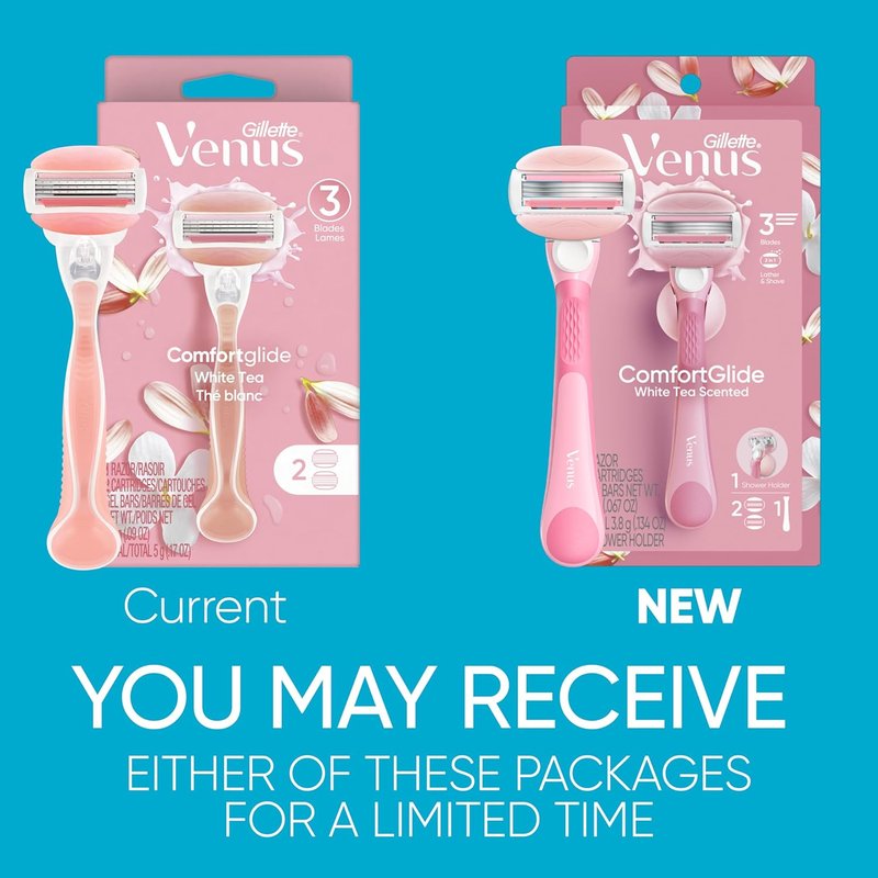 Gillette Venus ComfortGlide Razor for Women, White Tea Scented Gel Bars, Includes 1 Reusable Razor Handle + 2 3-Bladed Razor Refills, Women's Razor with Built-in Shave Gel Bars