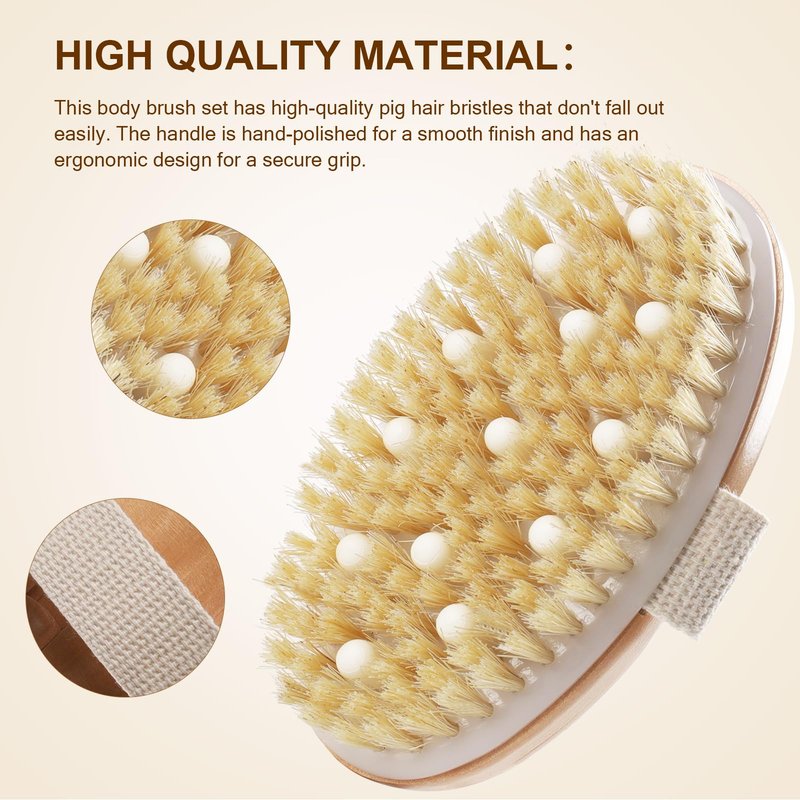 DEBETOOL Dry Brushing Set - Natural Boar Bristle Body & Face Brush, Wooden Long Handle Scrub Brush for Cellulite & Lymphatic Drainage Body Care, Detachable, 3 Brush Heads