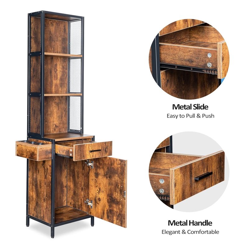 3-Layer Salon Storage Cabinet - Beauty Barber Styling Station Organizer with Drawer & Hot Tool Holders | Rustic Design